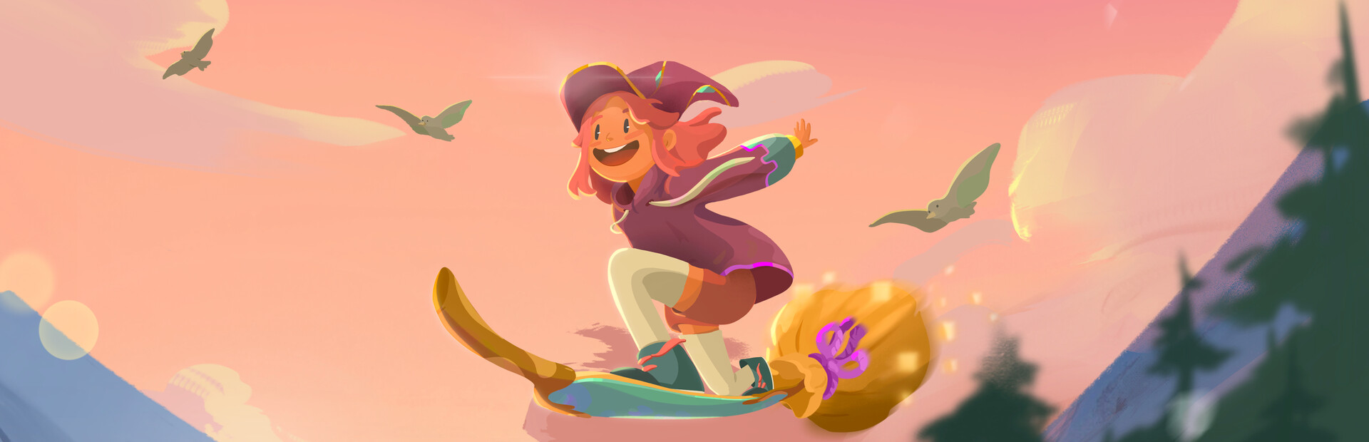 ILA official key art: a young witch flying on her skatebroom