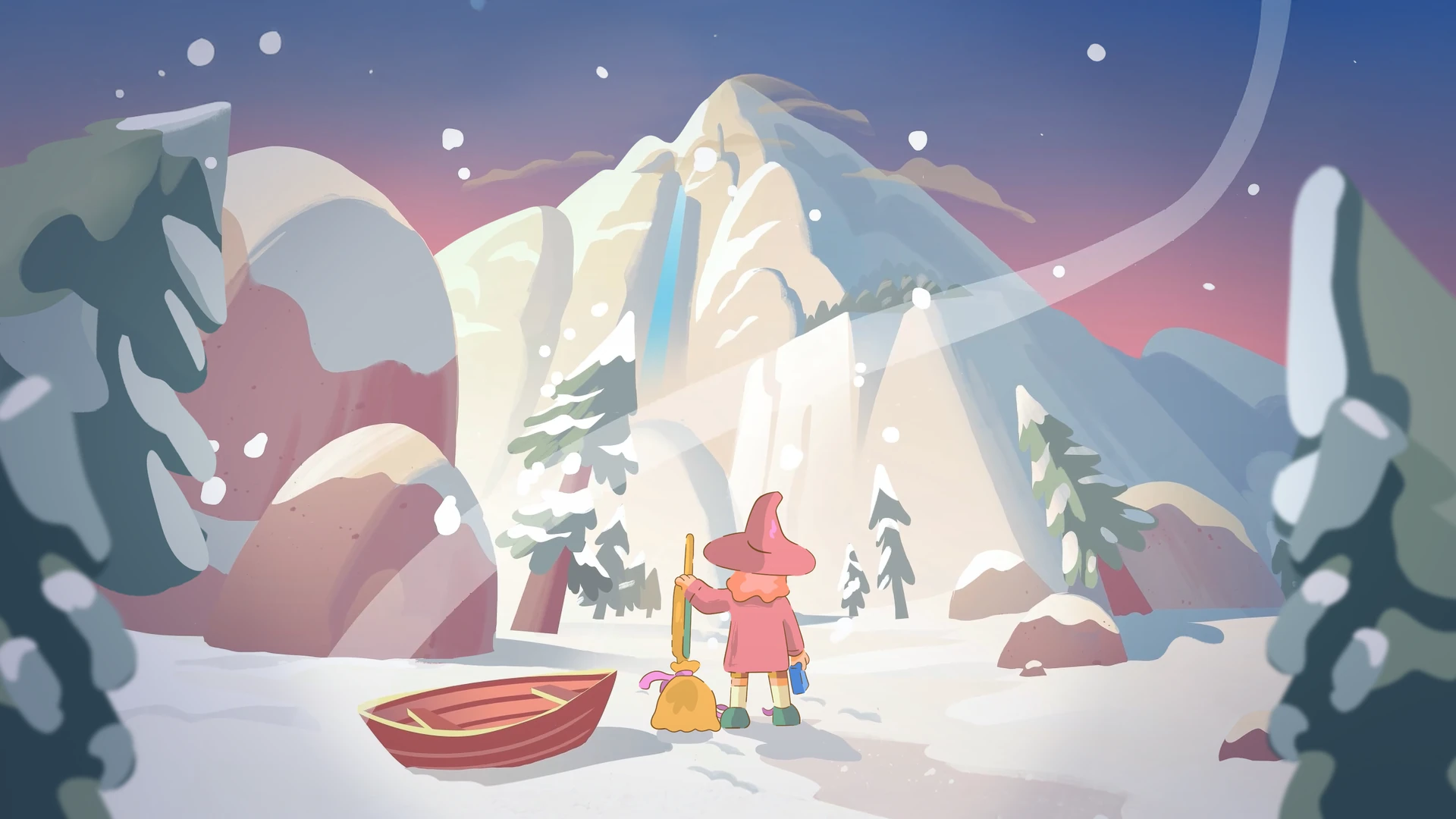 ILA and her broom beside a red boat, looking towards a snowy mountain and waterfall