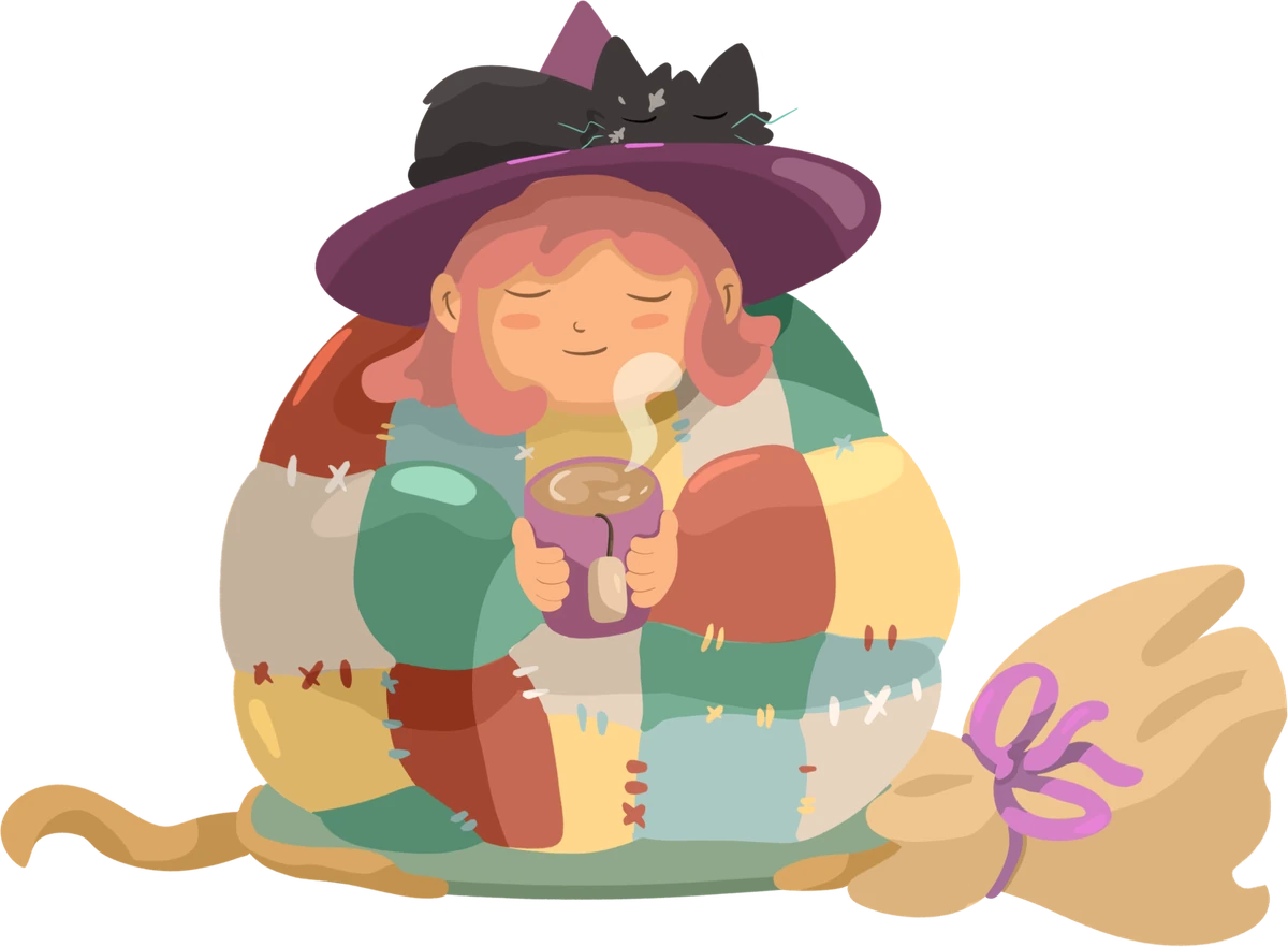 ILA wrapped in a patchwork quilt, enjoying tea on her broom while Coco sleeps on her hat