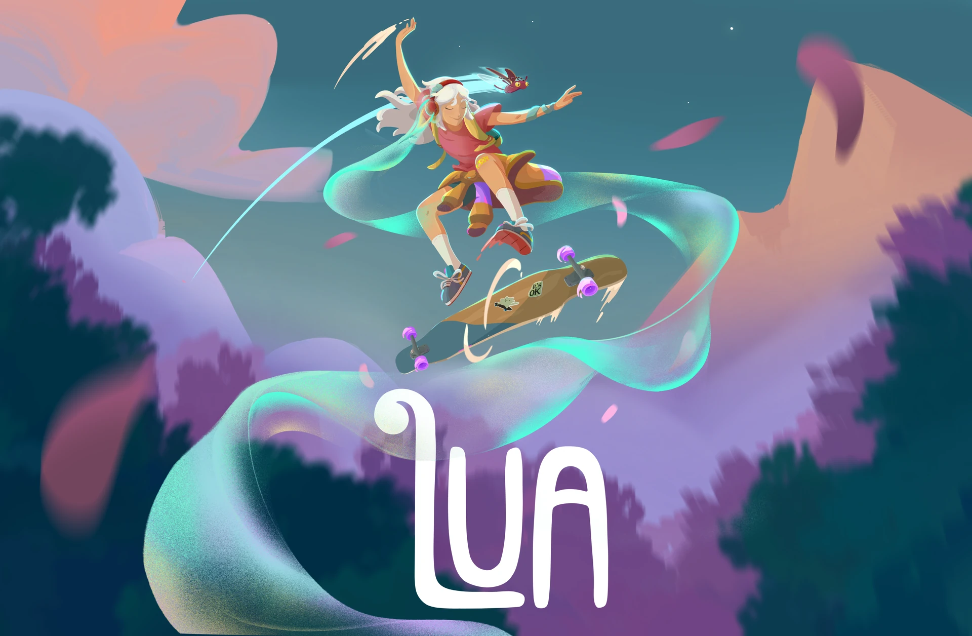 Original LUA artwork: a longboarder surrounded by a flowing turquoise ribbon of music