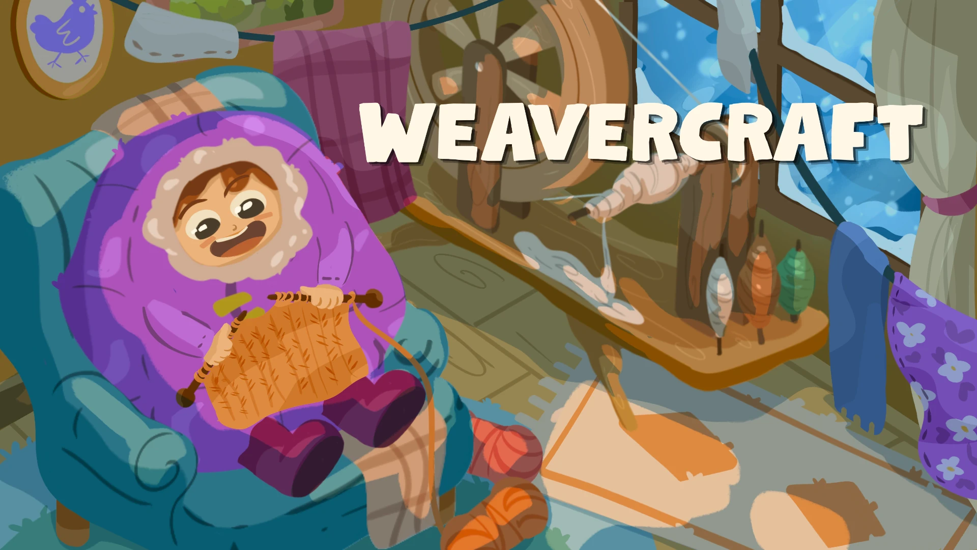 Weavercraft official key art with the game logo: a wool-wrapped character knitting in a cosy weaving house.