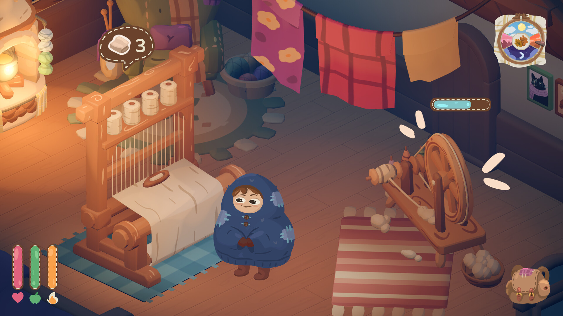 A blue-cloaked character beside the loom and spinning wheel in the weaving house
