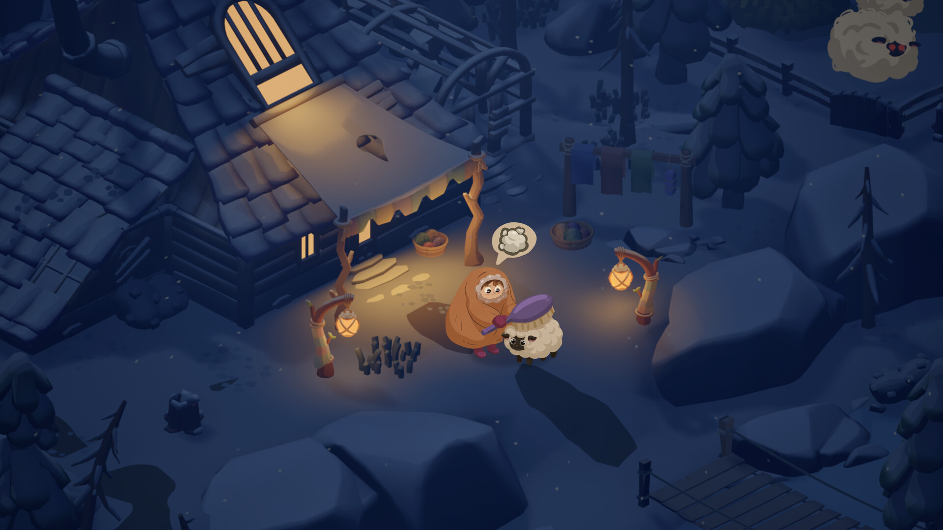 Meeting a woolly sheep outside a lantern-lit house in the snow